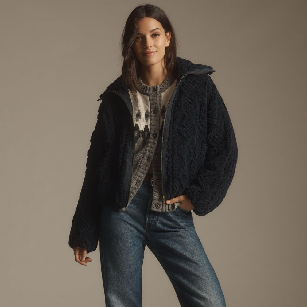 anthropology | pilcro textured faux fur jacket navy, XL